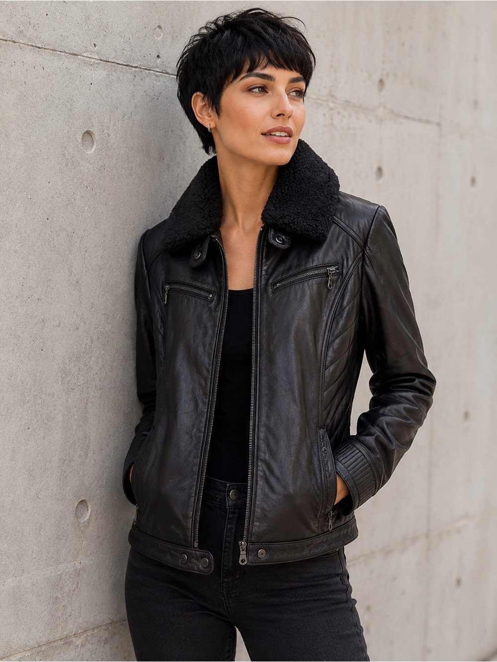 🖤MAKE OFFER🖤 DKNY Black Leather Bomber Moto Jacket Removable Collar MED
